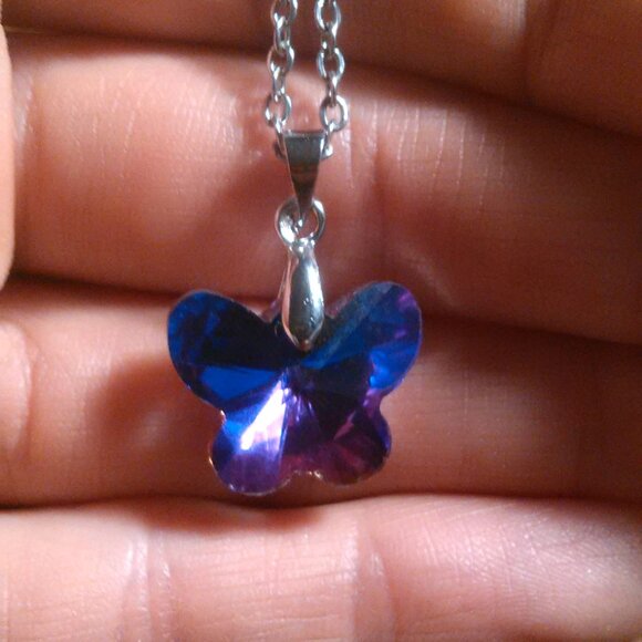 Magic Color Crystal Butterfly Brass Pendant Stainless Steel Necklace - Picture 11 of 16